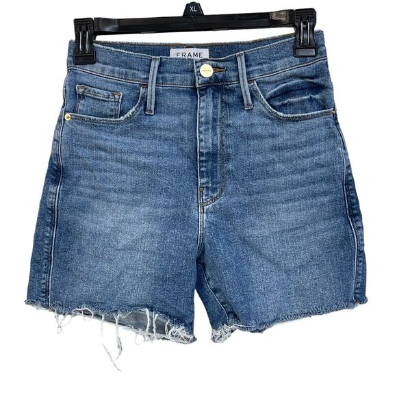 Frame Denim SZ 24 Bixby Le Tour Jean Shorts Mid-Rise Stretch Frayed Hems Blue - Picture 1 of 7